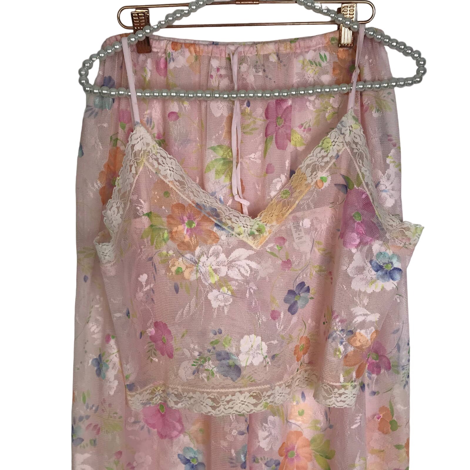 Victorias Secret Vtg Pink Floral Mesh Lace 2 Piece Night Set Sz M